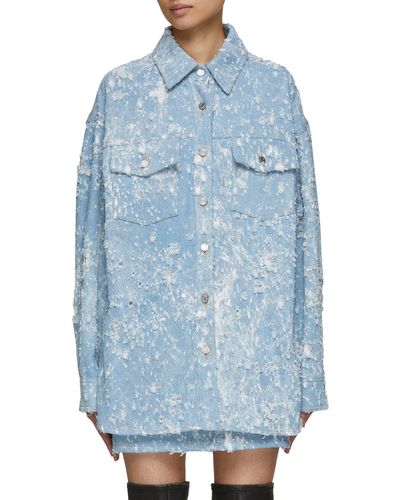 Juun.J Oversized Bullet Distressed Denim Shirt - Blue