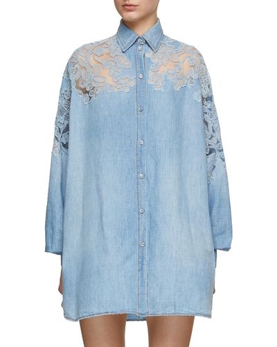 Ermanno Scervino Oversized Lace Shoulder Linen Shirt - Blue