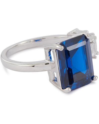 CZ by Kenneth Jay Lane Sapphire Cubic Zirconia Rhodium Plated Brass Open Front Ring - Blue