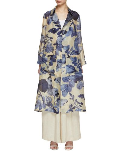 Biyan Romana Floral Print Silk Trench Coat - Blue