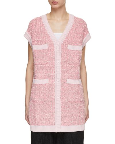 Bruno Manetti V-neck Contrast Trim Tweed Knit Vest - Pink