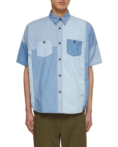 FDMTL Patchwork Short Sleeve Denim Shirt - Blue
