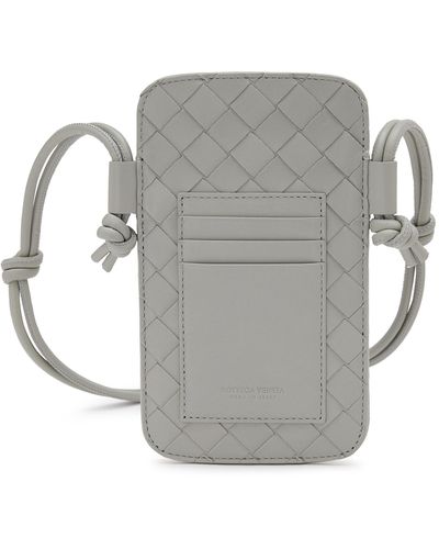 Bottega Veneta Intrecciato 15 Leather Iphone Sleeve On Strap - Gray