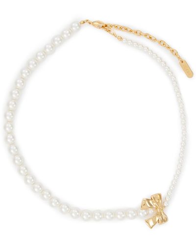 NUMBERING 14k Gold Plated Simulated Pearl Ribbon Necklace - White