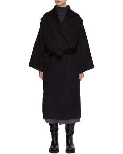 LeKasha Detachable Sleeves Belted Cashmere Coat - Black