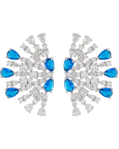 CZ by Kenneth Jay Lane Cubic Zirconia Rhodium Plated Brass Pear Sapphire Round Cz Half Sparkler Earrings - Blue