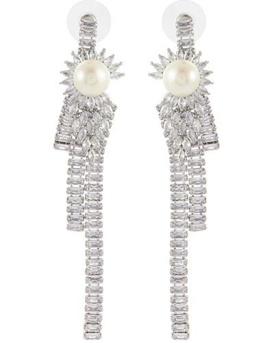 Venna Pearl With Crystal Fringe Drop Earrings - White