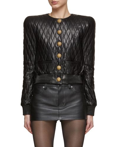 Balmain Collarless Quilted Leather Blouson - Black