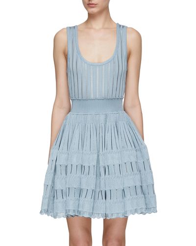 Alaïa Scoop Neck Elasticated Waist Ribbed Detail Mini Sakter Dress - Blue