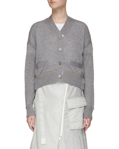 Sacai 's' Embroidery Buttoned Side Slit V-neck Cardigan - Gray