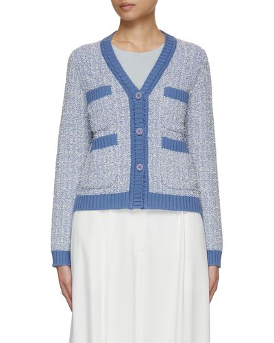 Bruno Manetti V-neck Contrast Trim Tweed Knit Cardigan - Blue