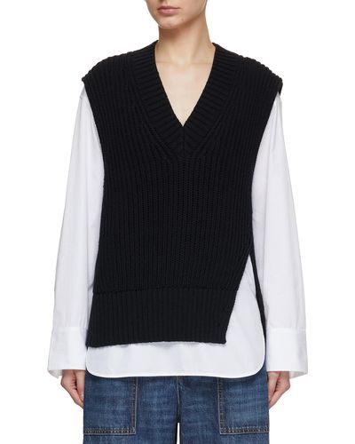 Mo&co. Ribbed Knit Vest With Collarless Shirt - Black