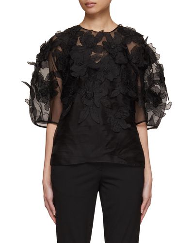 Carolina Herrera Embroidered Puff Sleeve Silk Blouse - Black