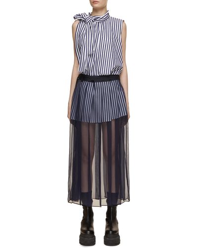 Sacai Pussybow Striped Skirt Dress - Blue