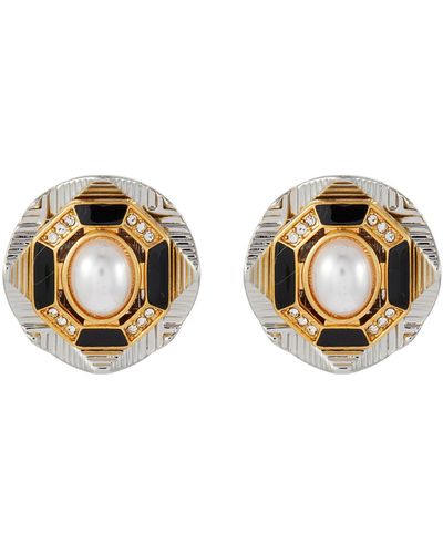 Venna Artificial Pearl With Geometric Gold And Silver Toned Metal Stud Earrings - White