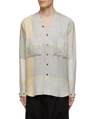 The Viridi-anne Contrast Patchwork Linen Shirt - Gray