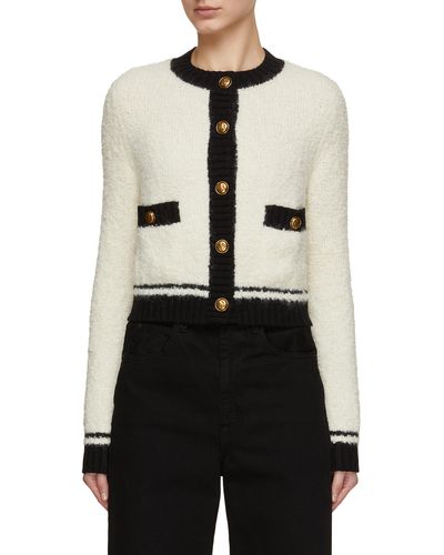 Mo&co. Contrast Trim Cropped Wool Blend Cardigan - White