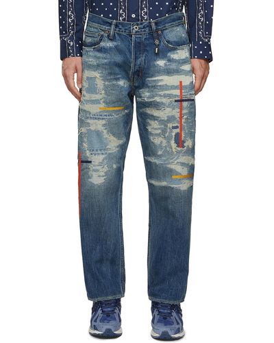 FDMTL Classic Repair Stripe Embroidery Distressed Jeans - Blue