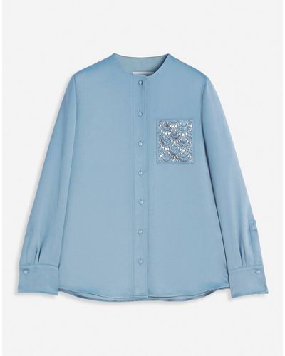 Lanvin Collarless Shirt With An Embroidered Pocket - Blue