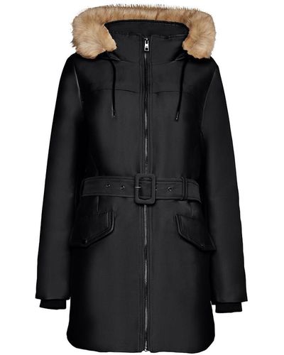 Esprit Parka con cinturón, capucha de pelo sintético - Negro