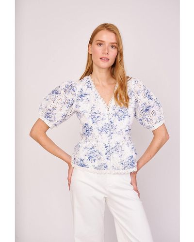 Rene' Derhy Blusa estampada con mangas abullonadas Effie - Blanco