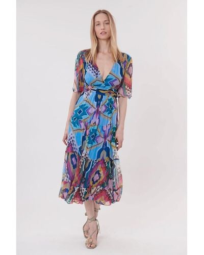 Rene' Derhy Vestido Tina estampado, cuello en pico - Azul