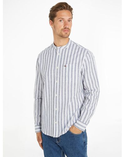 Tommy Hilfiger Camisa a rayas de algodón y lino con cuello mao - Azul