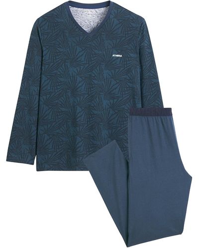 Athena Pijama largo estampado con cuello en pico - Azul