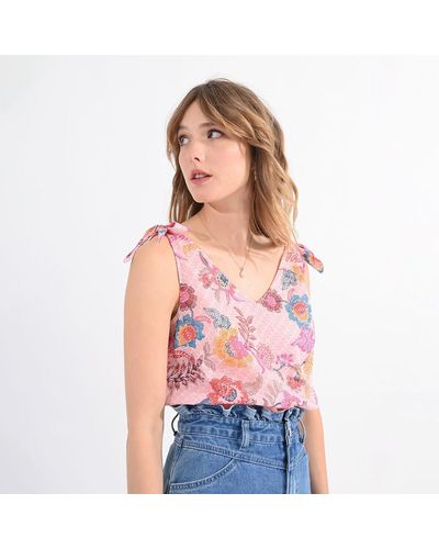 Molly Bracken Camiseta sin mangas de flores, con cuello de pico - Rojo