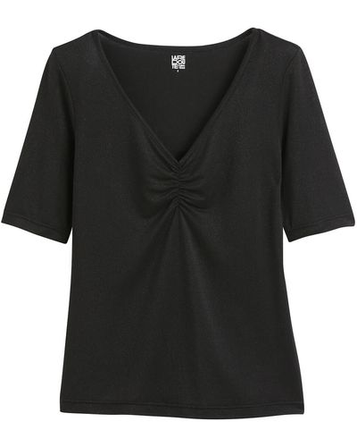 La Redoute Camiseta de cuello en pico, punto brillante - Negro