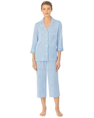 Lauren by Ralph Lauren Pijama de algodón a rayas con mangas 3/4 - Azul