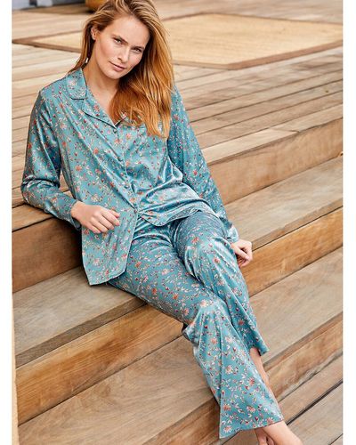 La Redoute Pijama camisero, de satén con estampado de flores - Azul