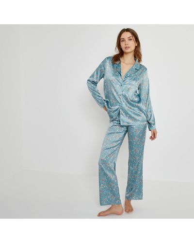 La Redoute Pijama camisero, de satén con estampado de flores - Azul