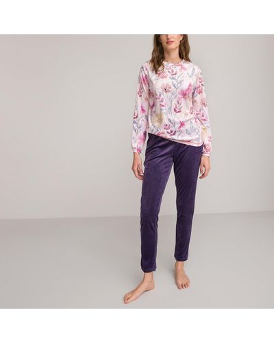 La Redoute Pijama de punto de tercipelo, camiseta con estampado de flores - Morado