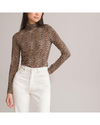 La Redoute Camiseta de cuello vuelto, manga larga y estampado de leopardo - Marrón