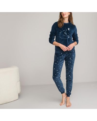 La Redoute Pijama de tejido pilar, camiseta con bordado de oso - Azul
