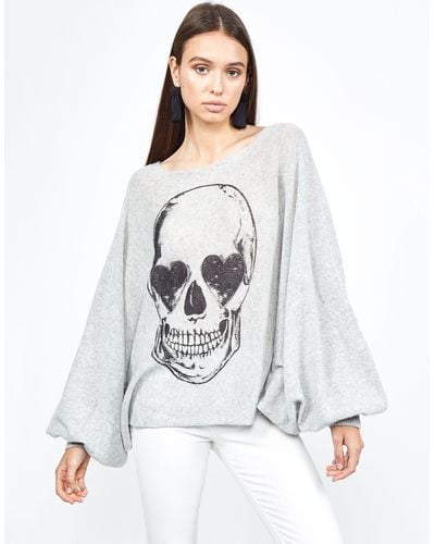 Lauren Moshi Sash Heart Eye Skull Oversized Draped Sweater - Gray