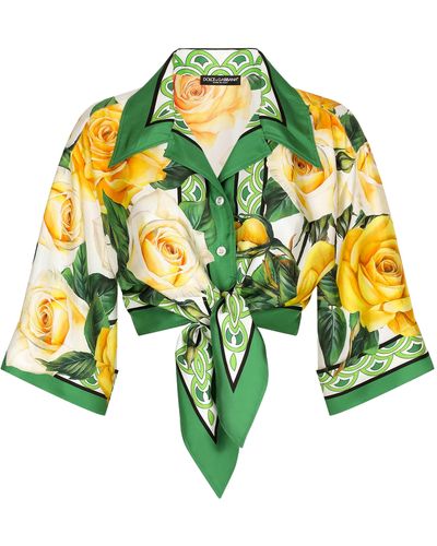 Dolce & Gabbana Camicia Annodata Con Stampa Rose - Giallo