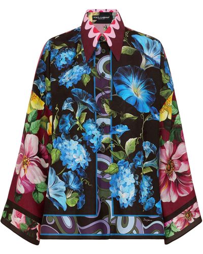 Dolce & Gabbana Camicia over in seta stampa fiori - Blu