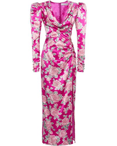 Alessandra Rich Floral Draped Silk Satin Maxi Dress - Pink