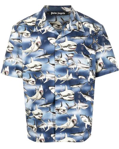 Palm Angels Camicia Con Stampa Shark - Blu