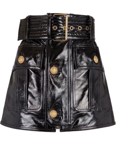 Balmain Italian Leather Buckle Miniskirt - Black