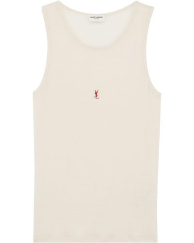 Saint Laurent Logo-Embroidered Ribbed Wool Tank - Natural
