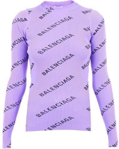 Balenciaga Allover Logo Ribbed-knit Sweater - Purple