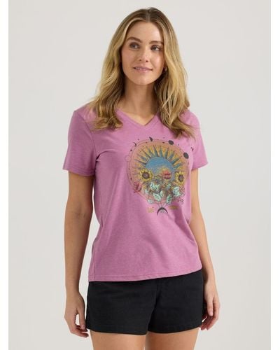 Lee Jeans Womens Sunflower Moon And Stars V-neck Graphic T-shirt - Pink