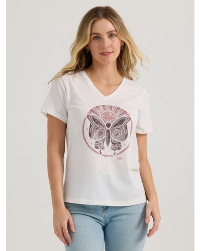 Lee Jeans Womens Butterfly V-neck Graphic T-shirt - White