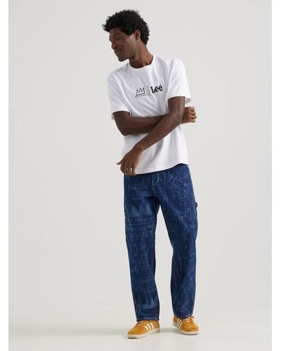 Lee Jeans Mens X Basquiat Printed Wide Leg Carpenter Jeans - Blue
