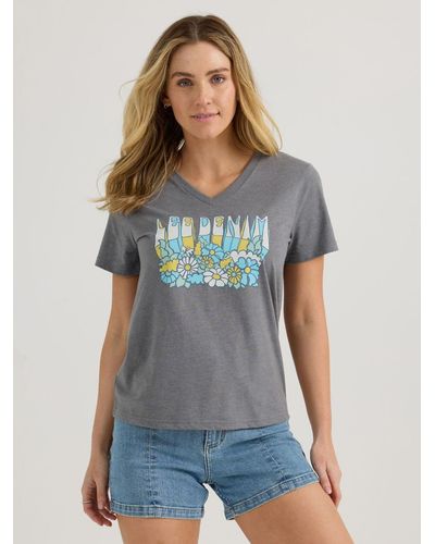 Lee Jeans Womens Flower Child V-neck Graphic T-shirt - Blue
