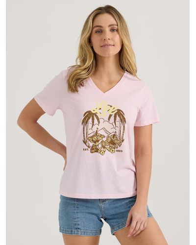 Lee Jeans Womens Hibiscus V-neck Graphic T-shirt - White