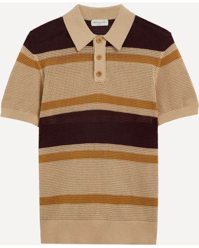 Dries Van Noten Mens Open-knit Striped Polo Shirt - Brown